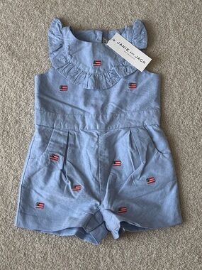 NWT JANIE AND JACK Embroidered Flag Girl Sz 6-12mo Ruffle Romper Sleeveless USA